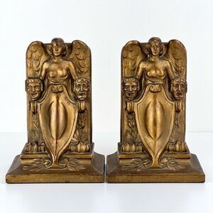 ANTIQUE J.B. ART DECO THEATER NUDE WING LADY BUST MASK  STATUE BOOKENDS